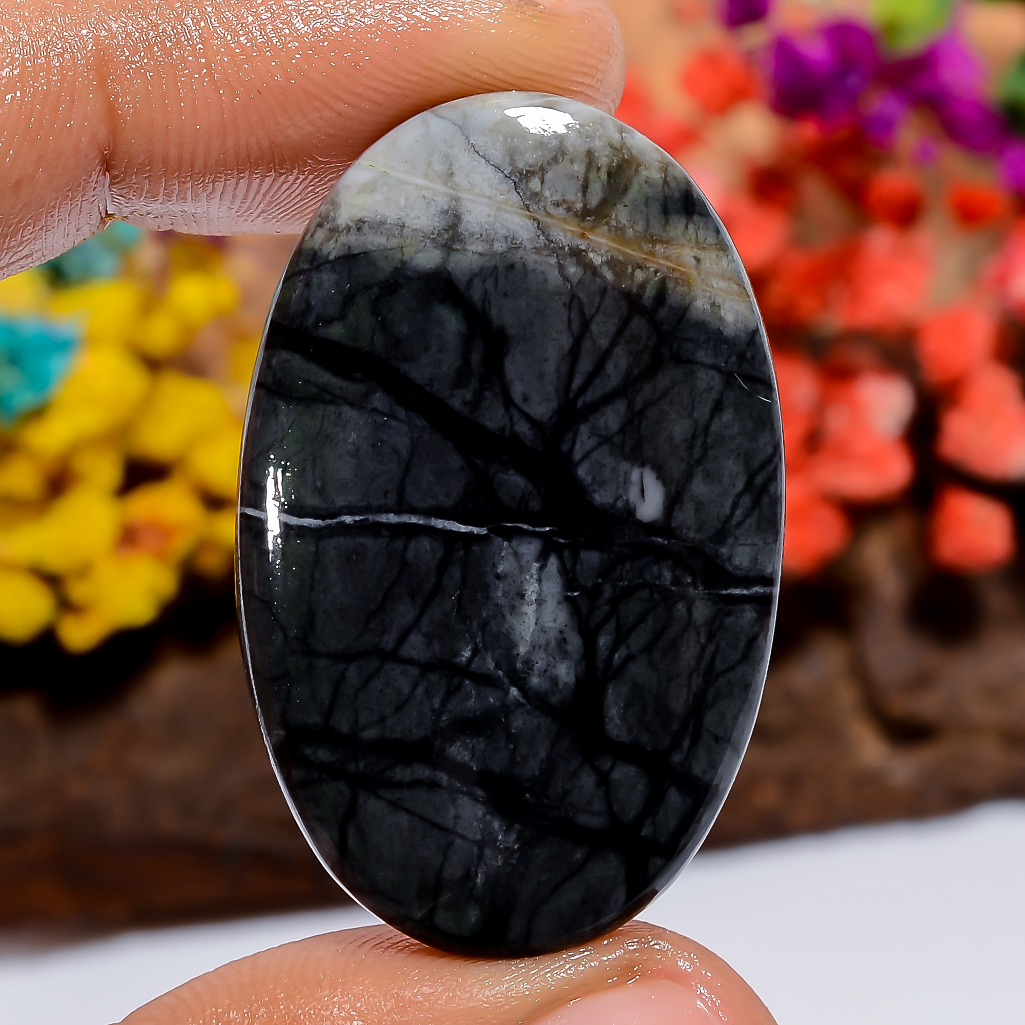 Genuine Picasso Jasper Oval Shape Cabochon Loose Gemstone 46 Ct. 38X24X4 mm - Picture 1 of 2