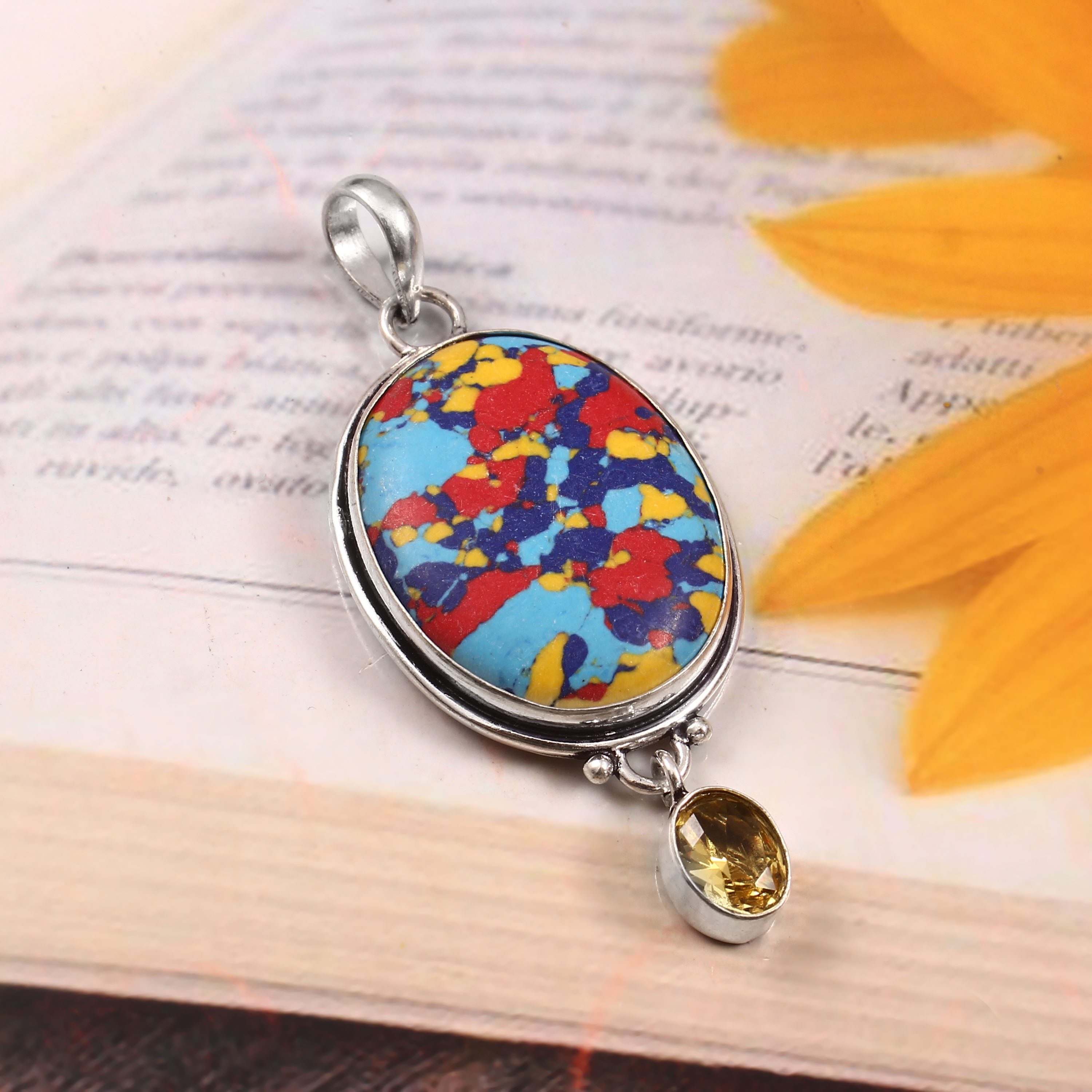 Rainbow Mosaic Jasper Citrine Gemstone 925 Silver Handmade Pendant 10 gms MQP206 product image view 2