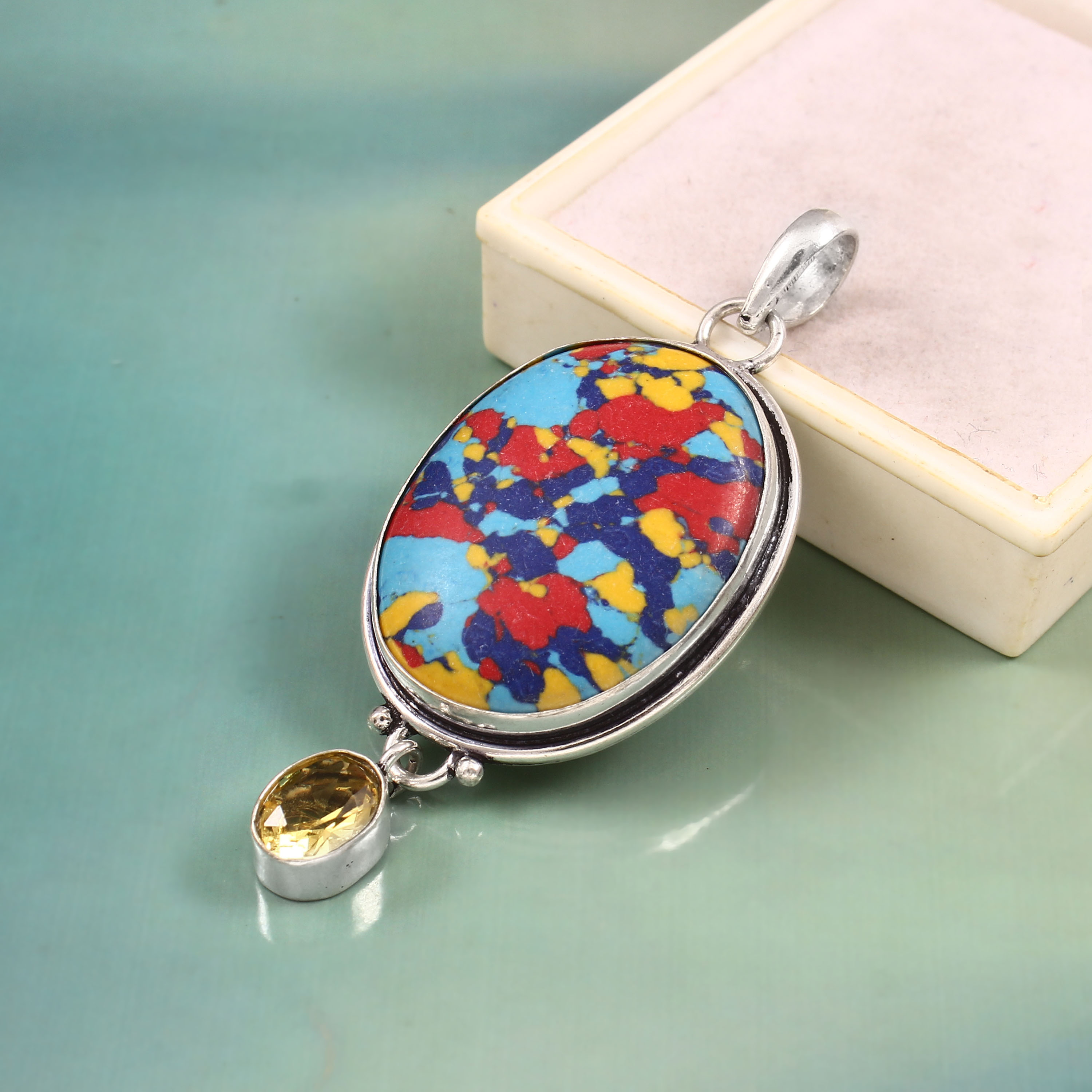 Rainbow Mosaic Jasper Citrine Gemstone 925 Silver Handmade Pendant 10 gms MQP206 product image view 3