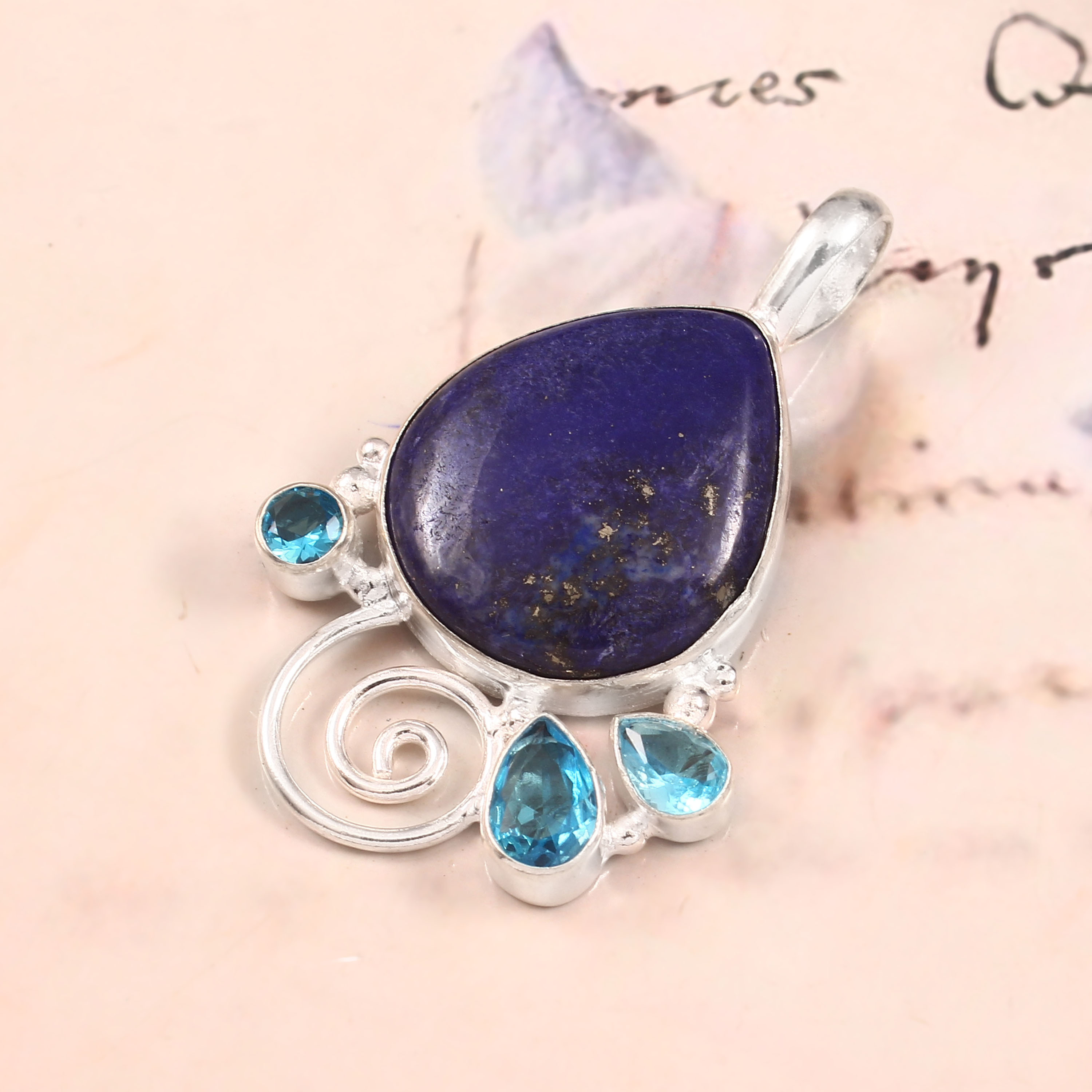 Lapis Lazuli Blue Topaz Gemstone Fashion 925 Silver Pendant
