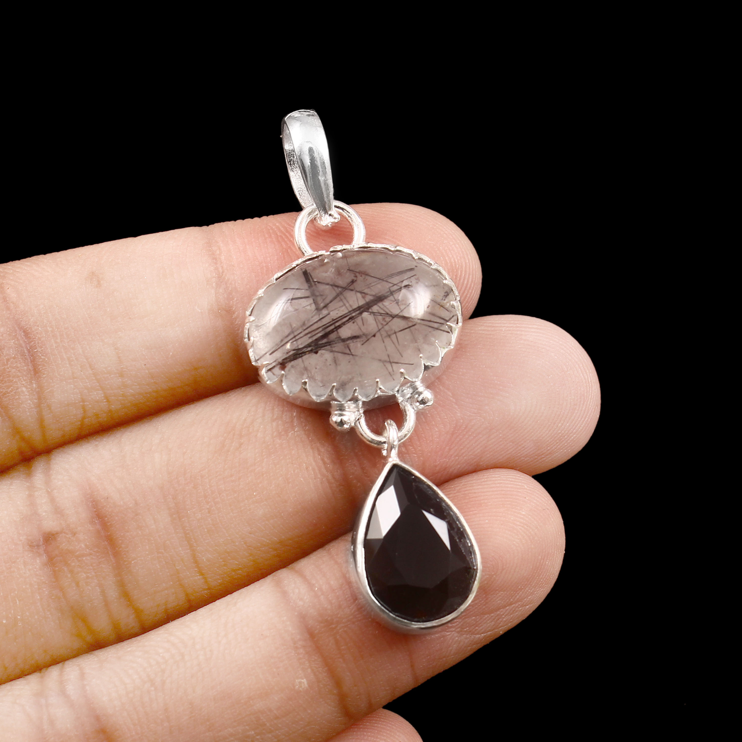 Black Rutile Quartz Spinel Gemstone 925 Silver Handmade Pendant 10 gms ...