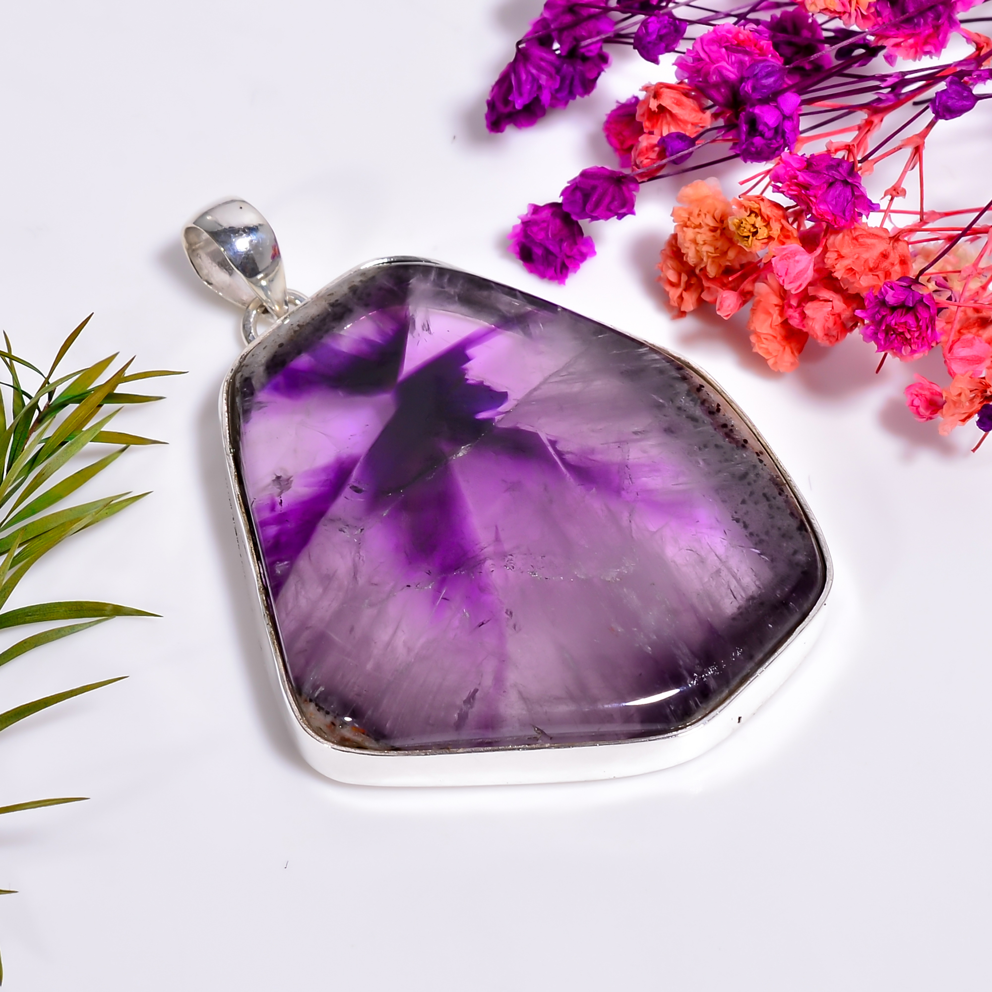 Trapiche Amethyst Gemstone Handmade Jewelry.925 Silver Pendant 2.3" Ac10100 - Picture 1 of 6