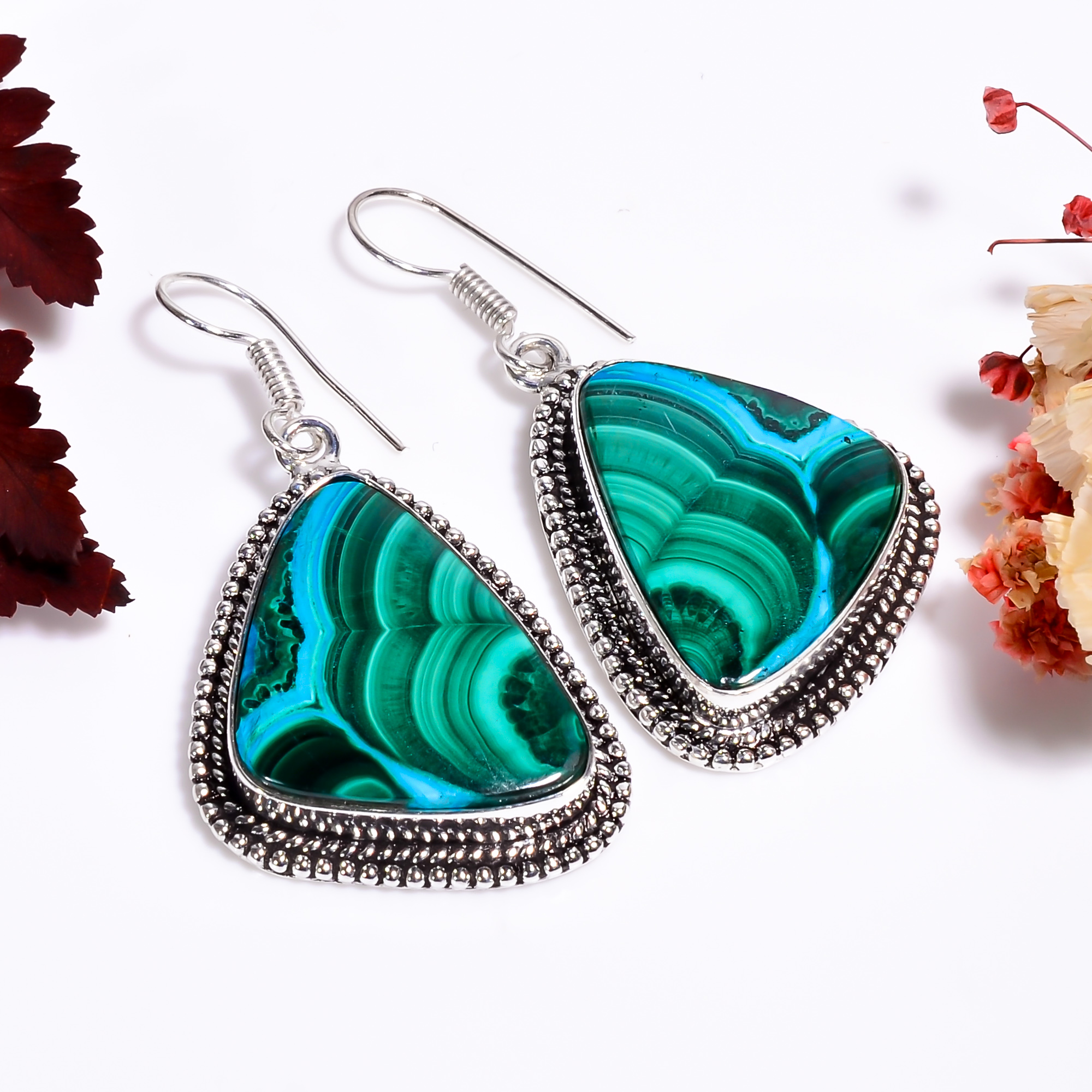 Chrysocolla Malachite Gemstone Handmade 925 Silver Earrings 1.9" RG-11389 - Picture 1 of 6
