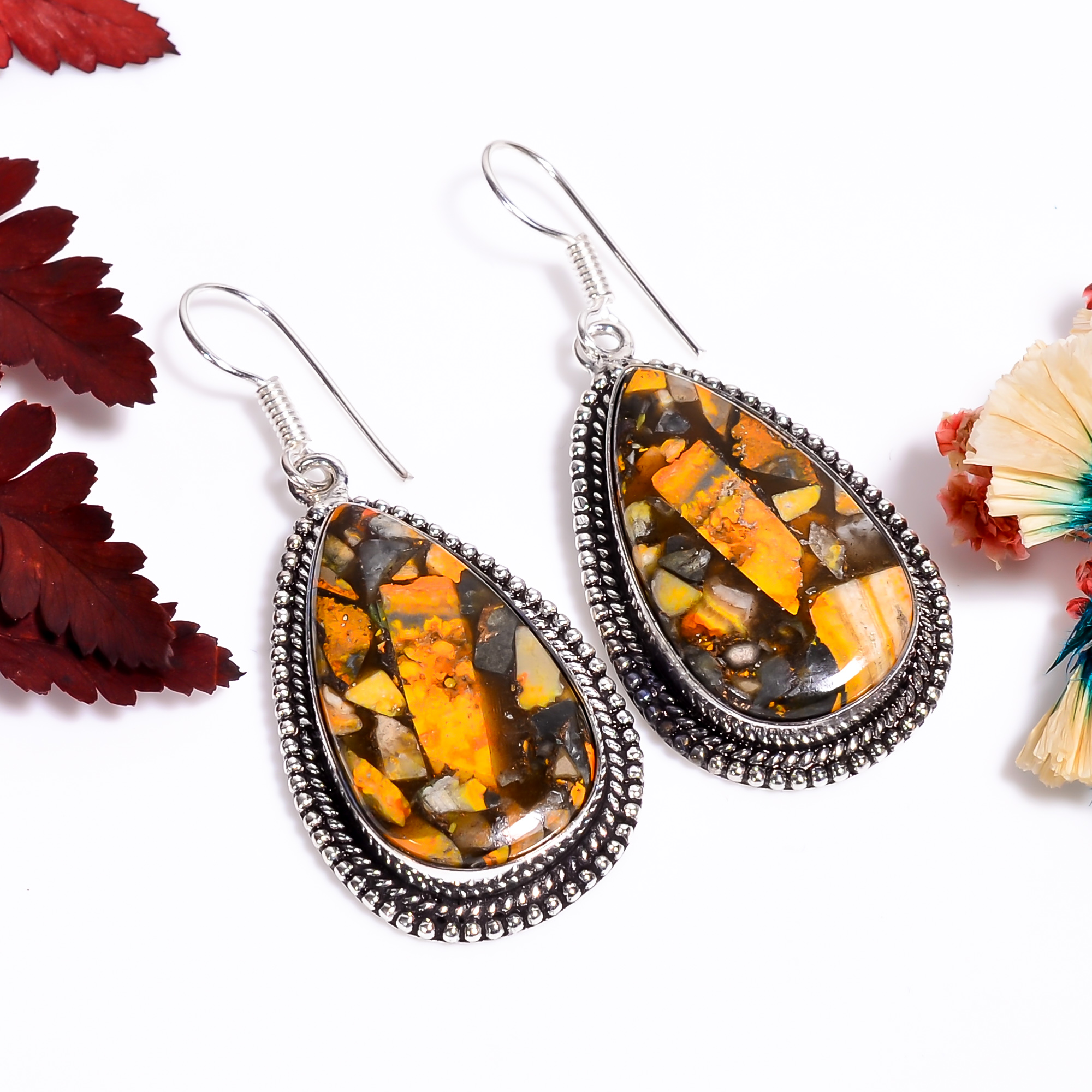 Spiny Bumble Bee Jasper Gemstone Handmade 925 Silver Earrings 2" RG11419 - Picture 1 of 6