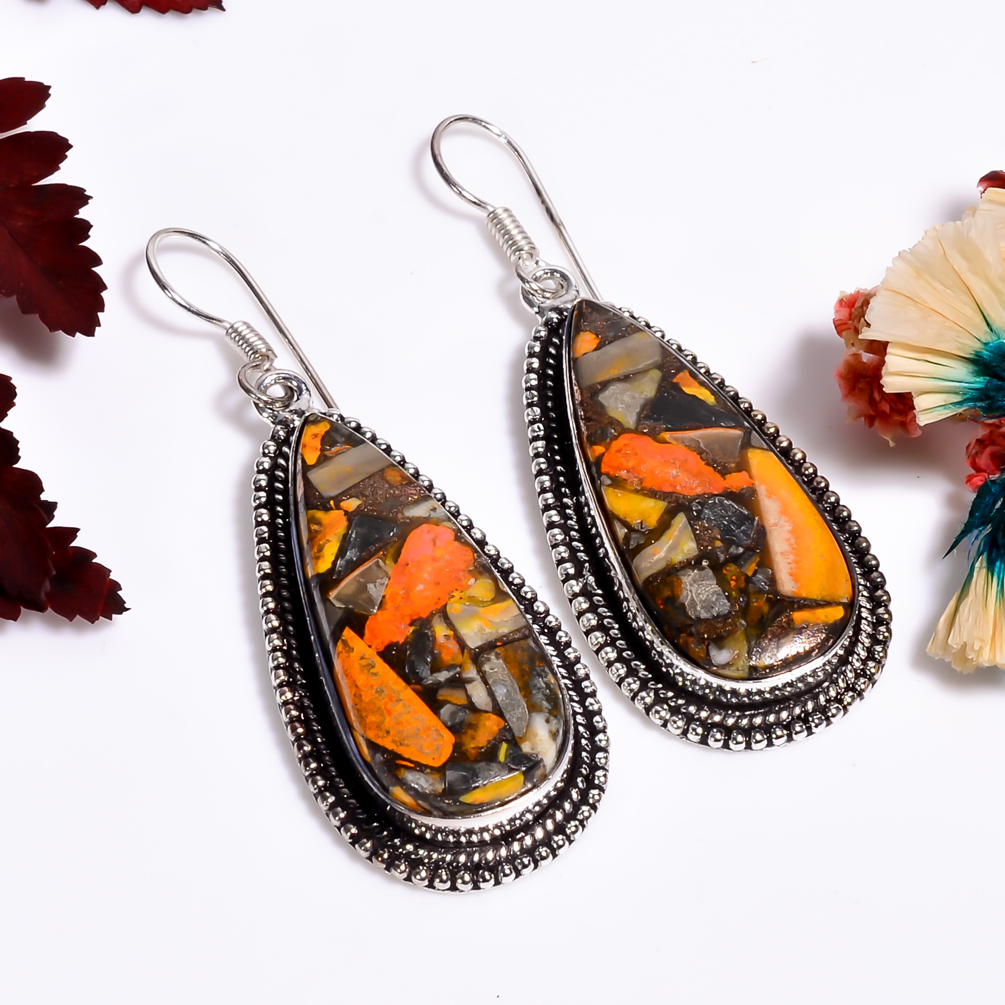 Spiny Bumble Bee Jasper Gemstone Handmade 925 Silver Earrings 2" RG11438 - Picture 1 of 6