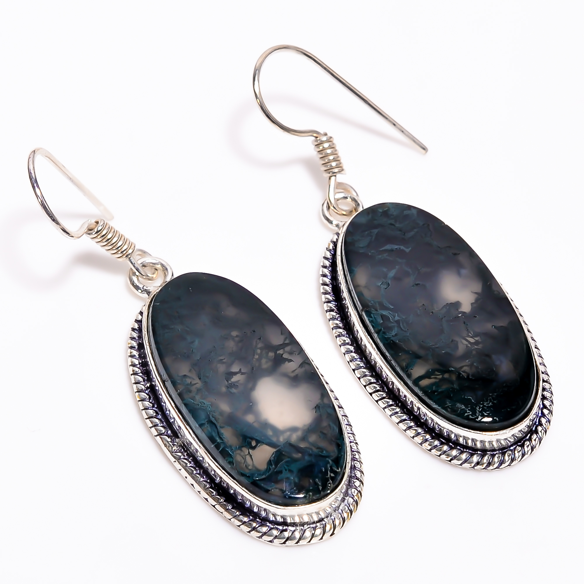 Moss Agate Gemstone Vintage Handmade 925 Sterling Silver Earrings 1.9" GSR-3262